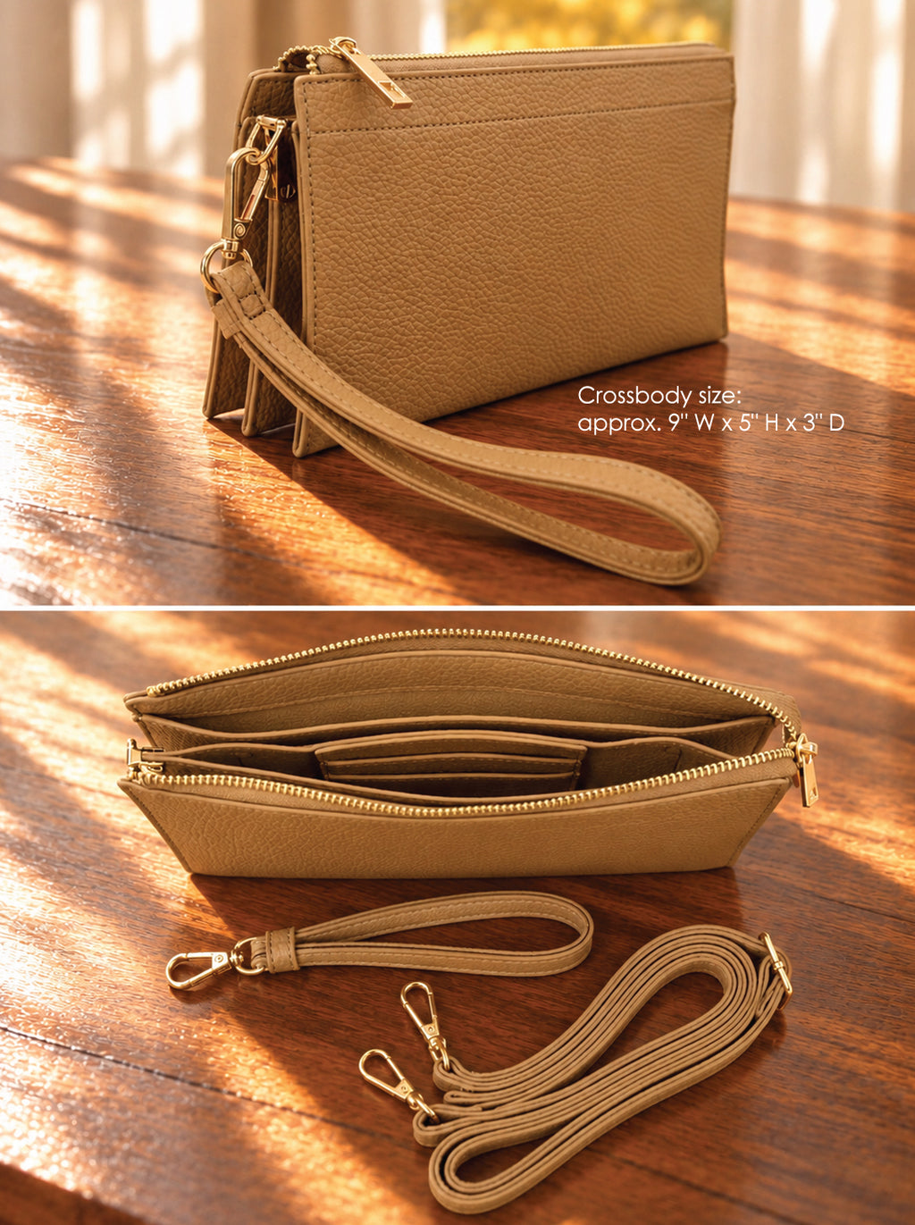 A tan pebbled leather crossbody clutch shown in two views on a wooden surface with warm sunlight. The top view shows the closed bag with wrist strap and text reading 'Crossbody size: approx.