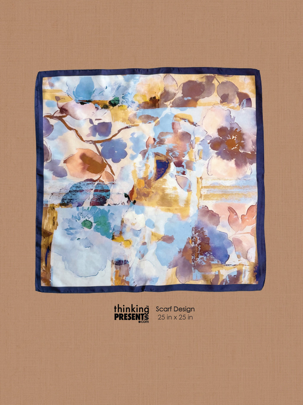 A square scarf with an abstract watercolor floral design in shades of blue, purple, brown, and gold, bordered in dark navy, displayed on a tan background with 'thinking PRESENTS' branding below.