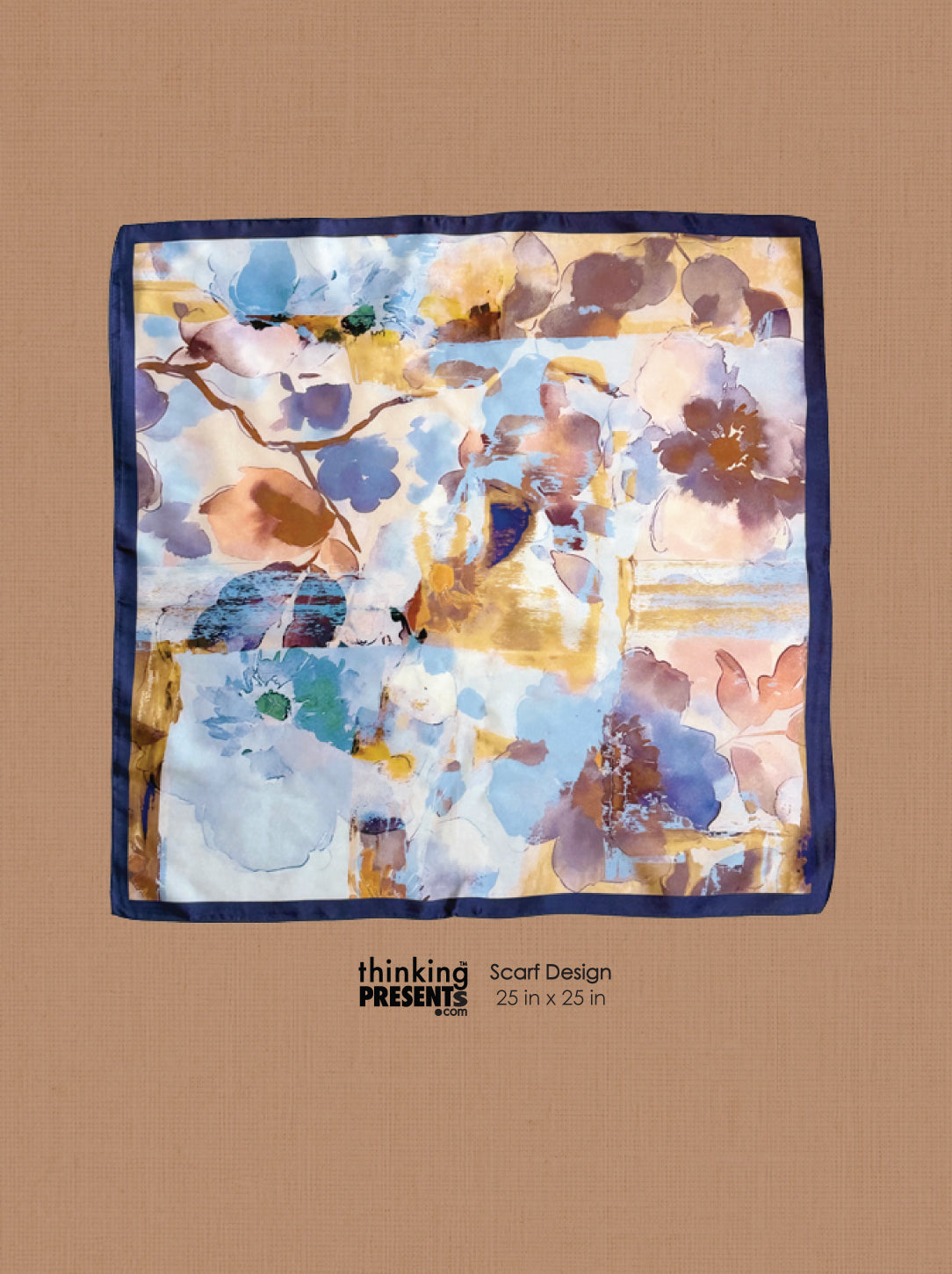 A square scarf with an abstract watercolor floral design in shades of blue, purple, brown, and gold, bordered in dark navy, displayed on a tan background with 'thinking PRESENTS' branding below.