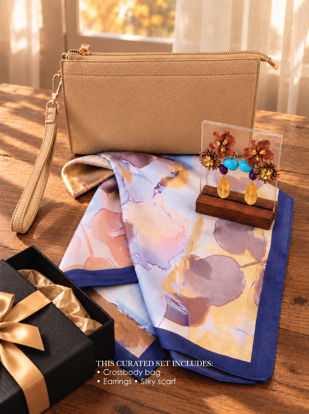 A curated gift set on a wooden table featuring a beige pebbled leather clutch with a wristlet strap, a silk scarf with a blue border and abstract watercolor print in soft pastel tones, a pair of gold-toned statement earrings on a wooden stand, and a black gift box with a gold ribbon. Text at the bottom lists the included items.