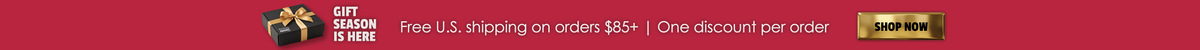A promotional banner with a red background featuring a small gift box icon, the text 'GIFT SET IN STORE NOW', 'Free U.S.