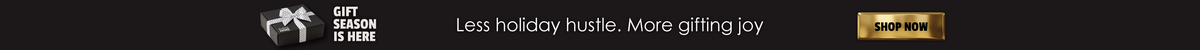 A promotional banner with a black background, featuring a white gift box icon, the text 'GIFT SEASON IS HERE' and 'Less holiday hustle. More gifting joy' in white, and a gold 'Shop Now' button on the right.