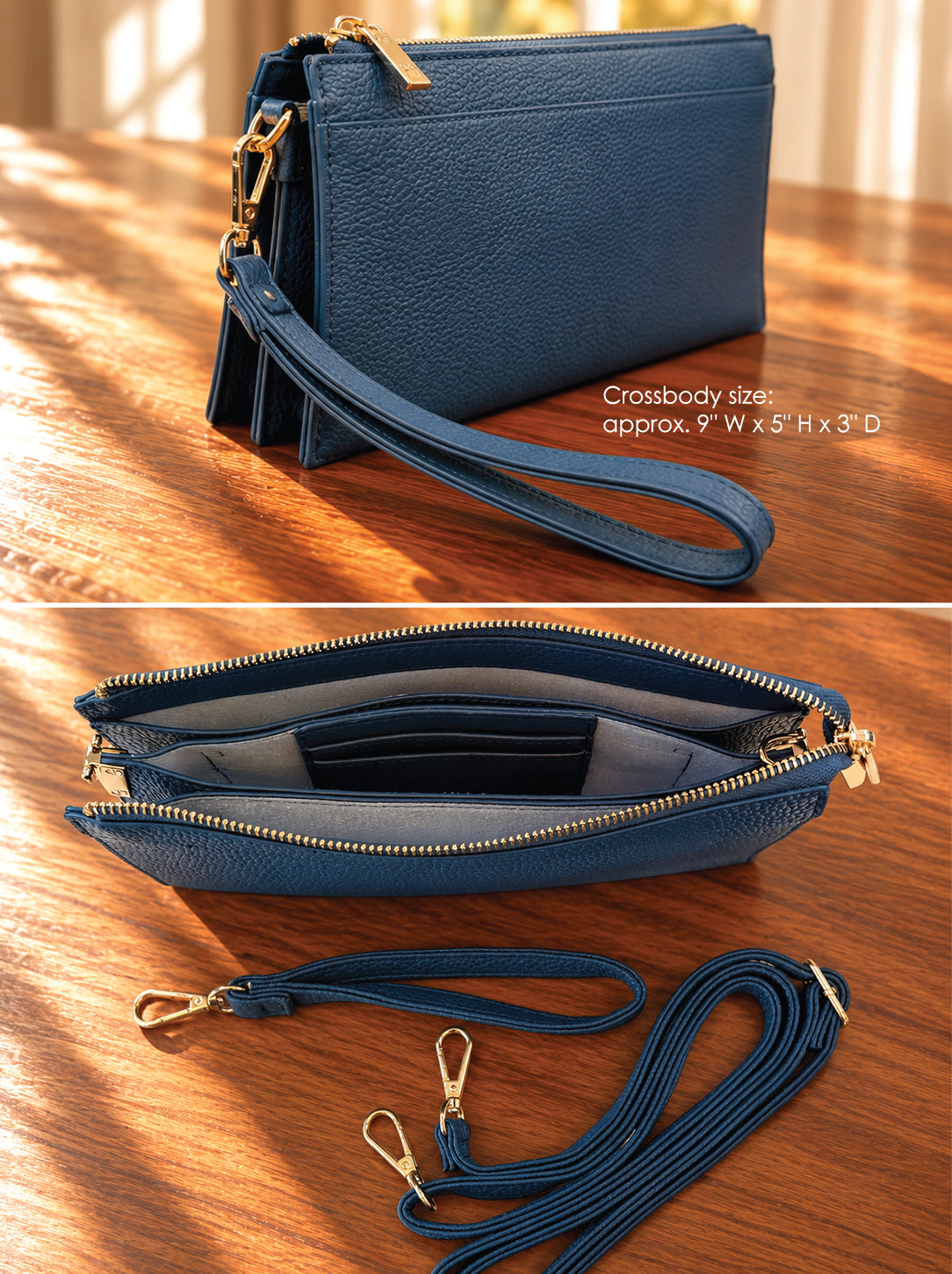 A navy blue pebbled leather crossbody clutch shown in two views on a wooden surface: one closed with a wrist strap and gold-tone hardware, and one open to show the interior card slots. Text on the image notes the crossbody size is approximately 9 x 5 x 3 inches.