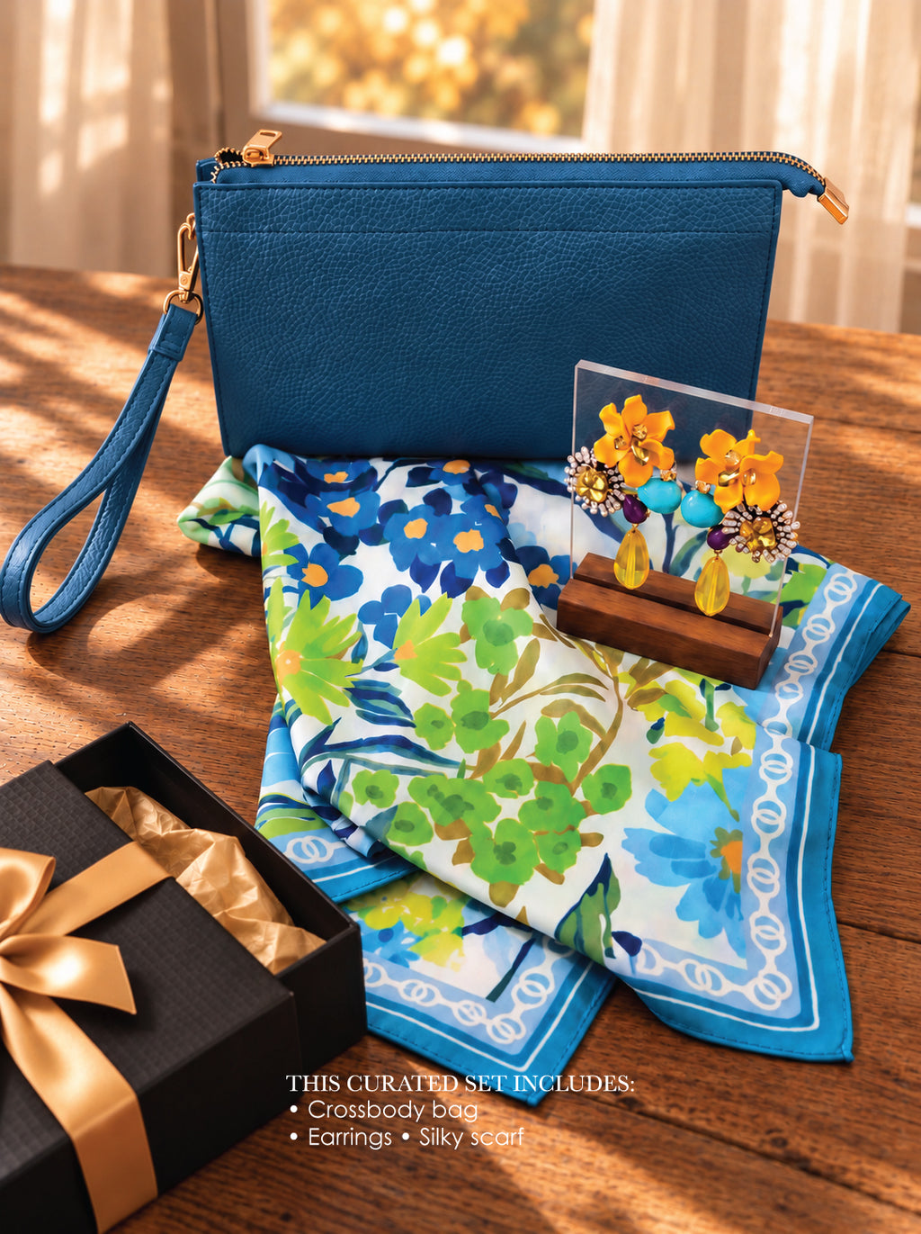 A curated gift set on a wooden table featuring a blue leather wristlet clutch, a blue and green floral silk scarf, yellow flower-shaped earrings in a clear display case, and a black gift box with a gold ribbon. Text at the bottom reads 'THIS CURATED SET INCLUDES: Crossbody Clutch, Earrings, Silk Scarf'.