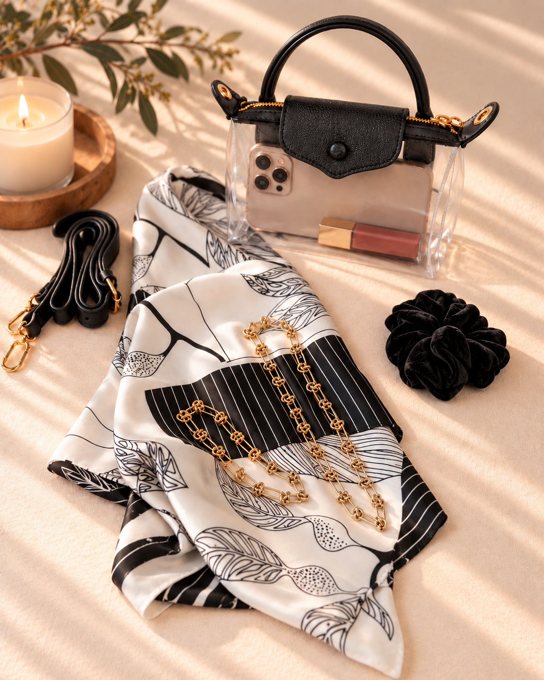 Concert Night Classic set with clear crossbody bag with black trim, gold knot chain necklace, black and white silky scarf and black velvet scrunchie