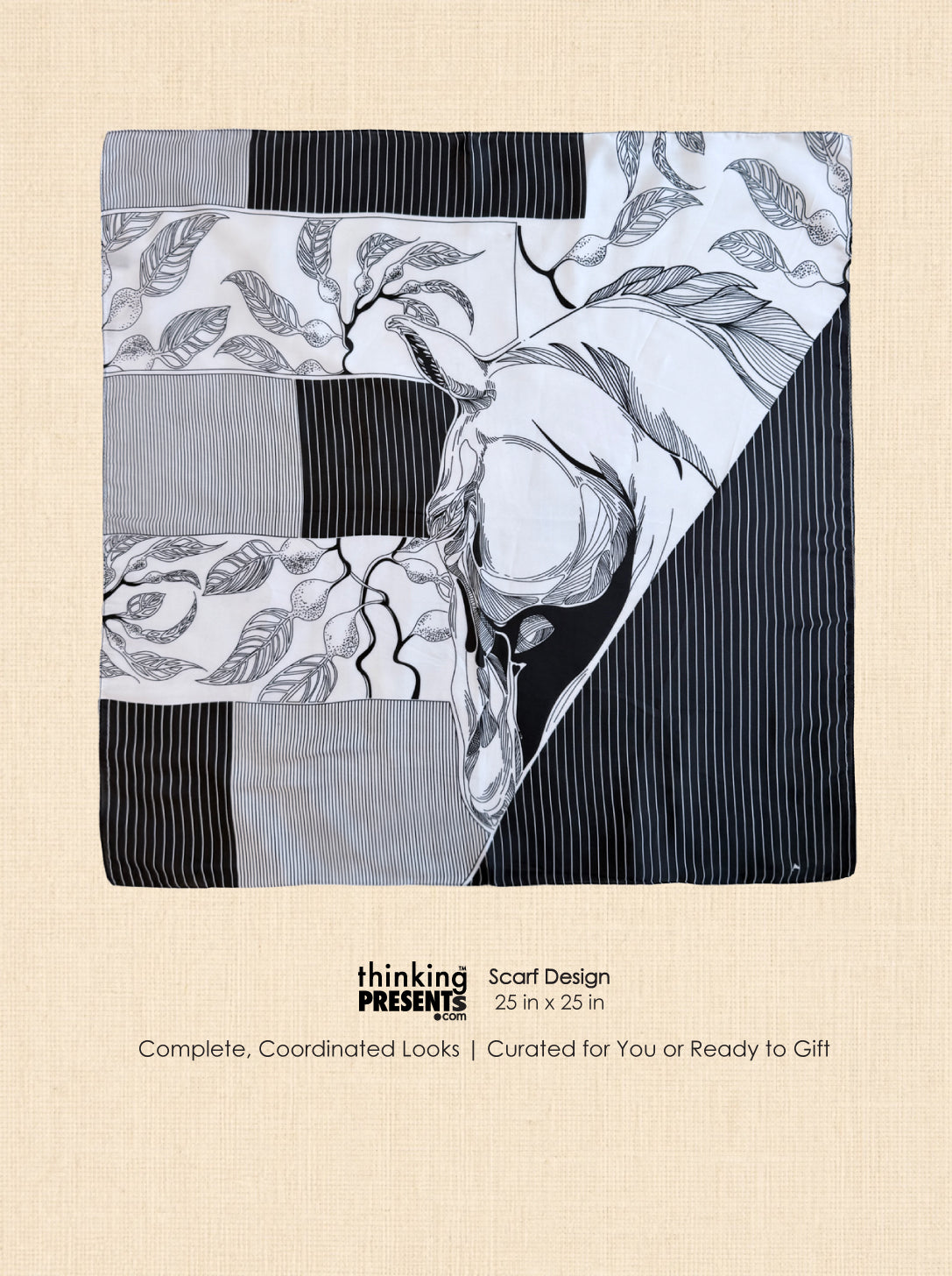 Black and white silky square scarf with horse, leaf and pinstripe print, 25 x 25 inches