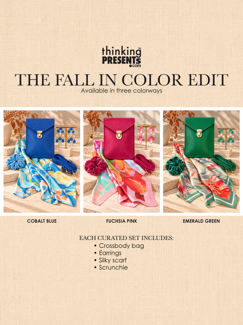 Fall in Color Edit curated sets in cobalt blue, fuchsia pink, and emerald green with crossbody bag, earrings, scarf, and scrunchie