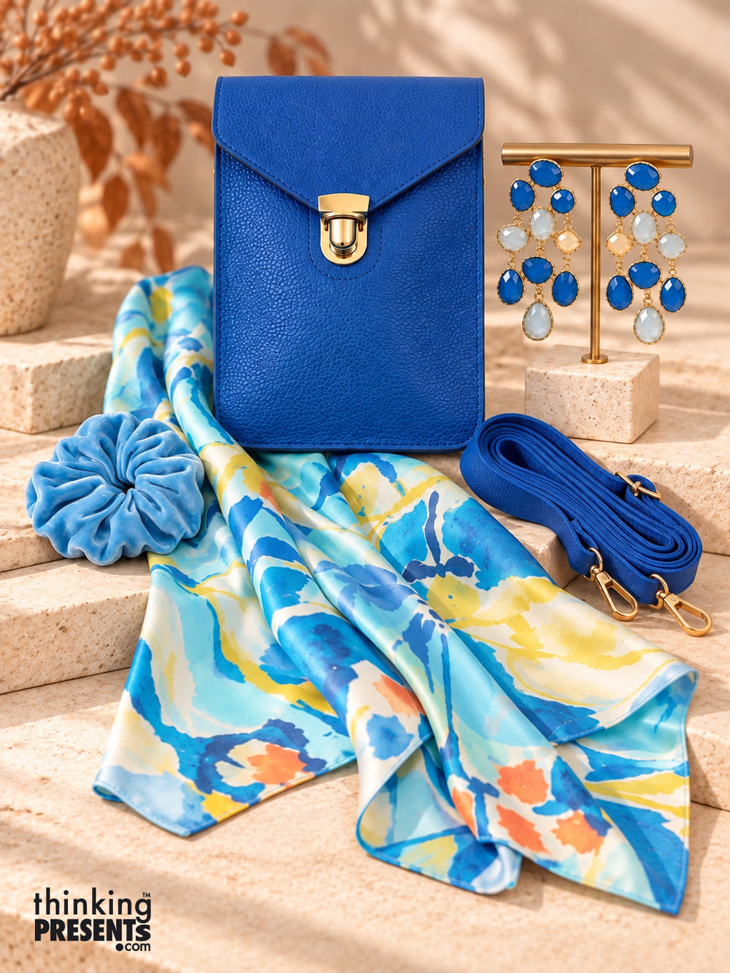 Cobalt blue vegan crossbody bag with gold push lock, chandelier earrings, silky watercolor scarf, and velvet scrunchie