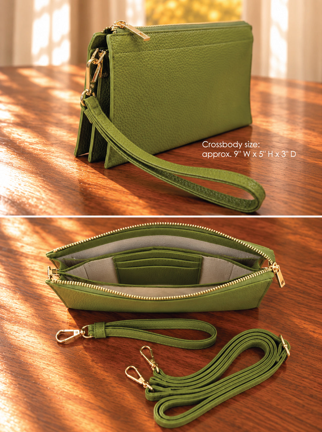 An olive green pebbled leather crossbody pouch with gold-tone hardware, shown in two views on a wooden surface. The top view shows the closed bag with its wristlet strap, and the bottom view shows the open pouch with interior card slots and the strap laid out beside it.