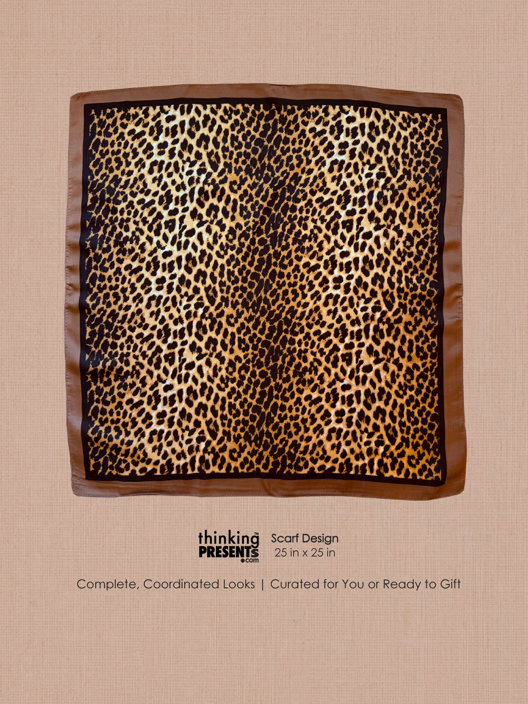 Silky leopard-print square scarf, 25 x 25 in, with brown border from The Gold Chic Edit by Thinking Presents