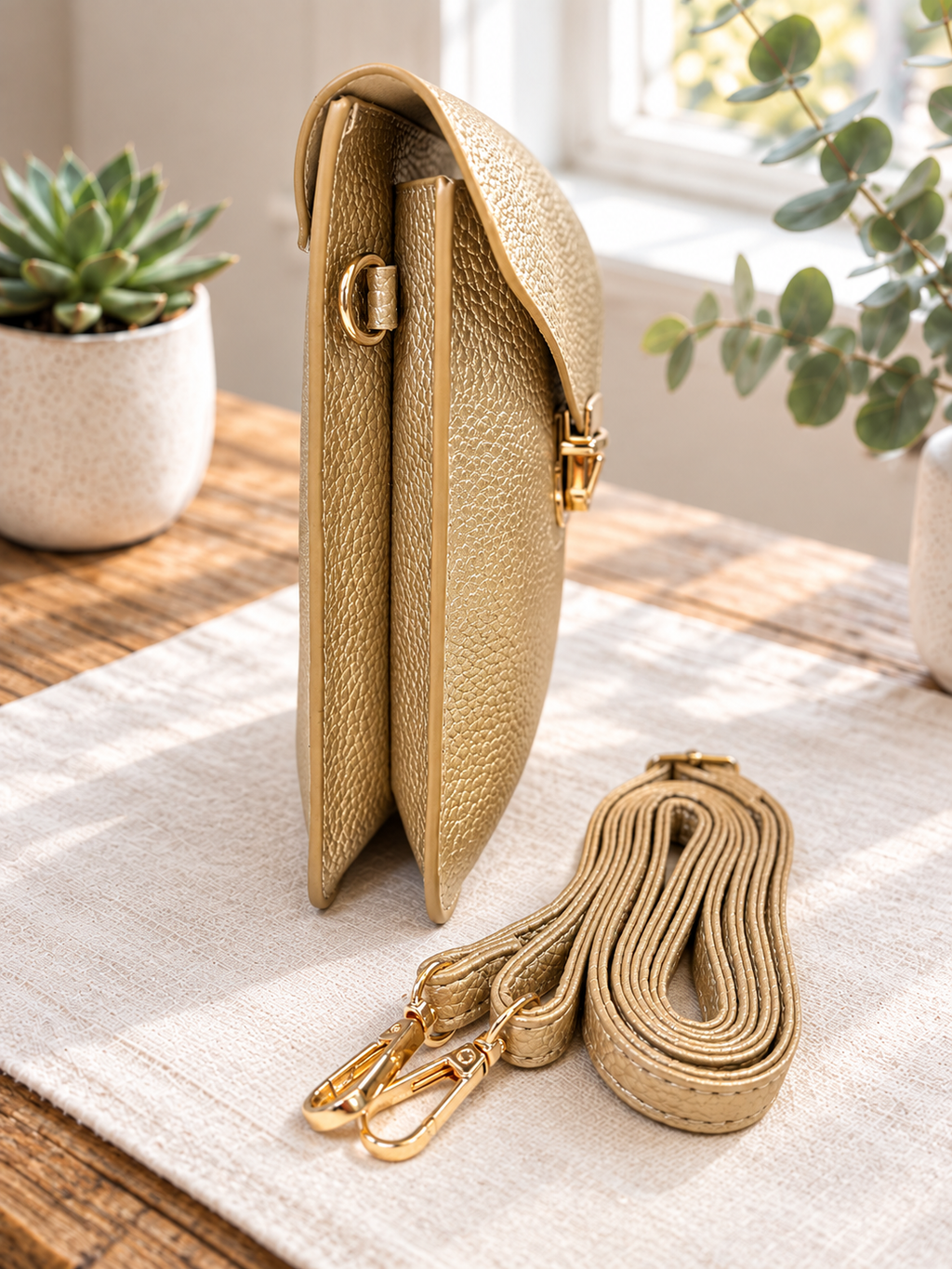 Metallic gold vegan crossbody bag by Thinking Presents with gold-tone push lock and removable adjustable strap