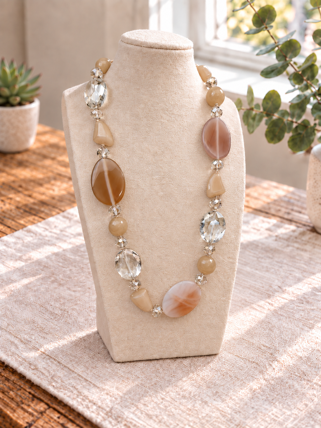 Long natural stone necklace in caramel, peach and veined ivory with faceted glass beads from The Gold Chic Edit