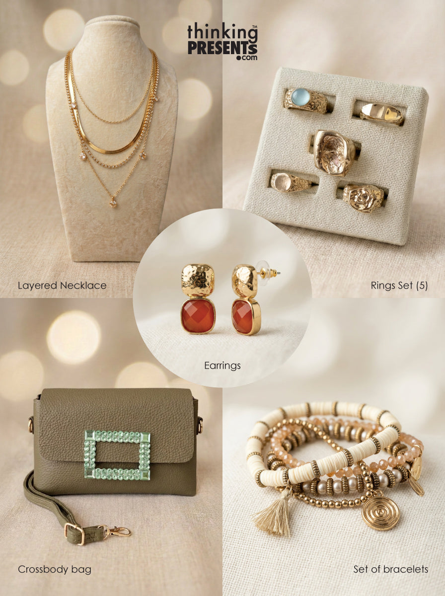 Curated gift set featuring layered gold-tone necklaces, statement earrings with warm amber stones, five-piece ring set with mixed textures, neutral crossbody bag with embellished buckle, and stackable beaded bracelets, styled as an elegant ready-to-gift set