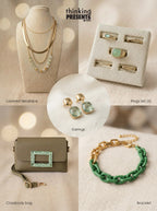Curated green-toned gift set by Thinking Presents™ featuring a layered gold necklace with crystal accents, matching green stone earrings, a set of 5 rings, structured green crossbody bag, and bold link bracelet