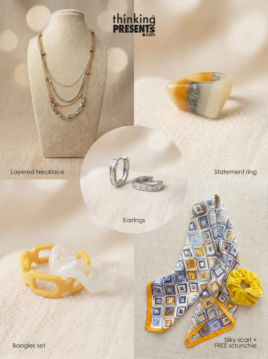 Modern Mosaic gift set featuring layered necklace, statement ring, silver hoop earrings, resin bangles, geometric scarf and yellow scrunchie by Thinking Presents™