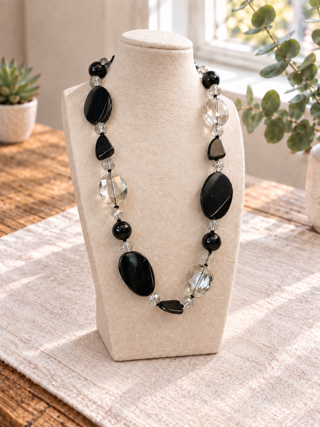 Long black stone necklace with faceted smoky grey glass beads from The Pewter Chic Edit