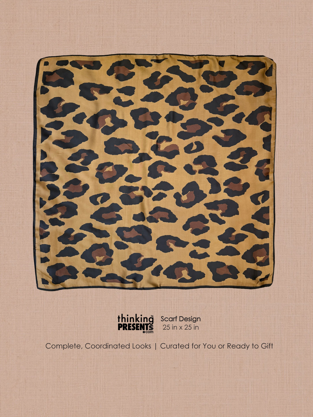Silky leopard-print square scarf, 25 x 25 in, in amber, rust and black from The Pewter Chic Edit by Thinking Presents