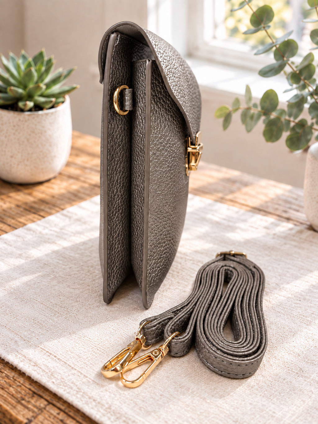 Pewter metallic vegan crossbody bag by Thinking Presents with gold-tone push lock and removable adjustable strap