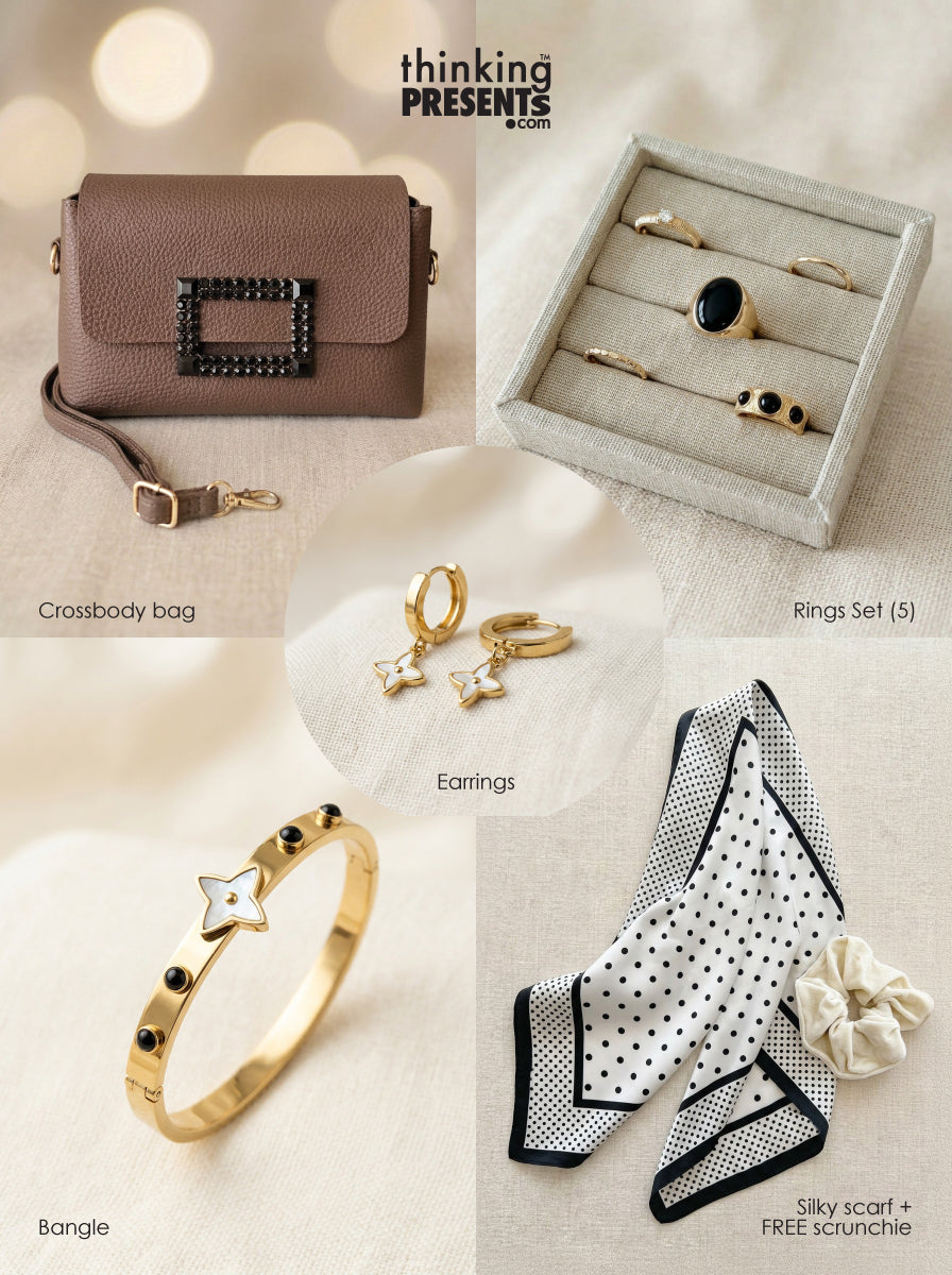 Curated gift set featuring gold-tone star charm earrings, five-piece ring set with black stone accents, structured brown crossbody bag with embellished buckle, gold bangle with star detail, and a polka dot silky scarf with velvet-touch scrunchie, styled as a chic and modern ready-to-gift set