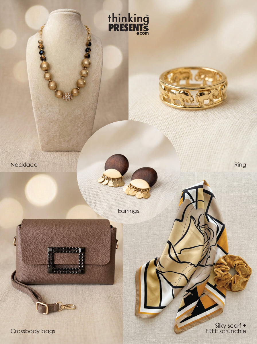 Savanna Glow gift set featuring gold beaded statement necklace, elephant motif ring, wood and gold drop earrings, brown crossbody bag, silky patterned scarf and velvet scrunchie