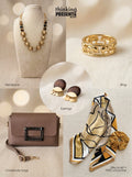Savanna Glow gift set featuring gold beaded statement necklace, elephant motif ring, wood and gold drop earrings, brown crossbody bag, silky patterned scarf and velvet scrunchie