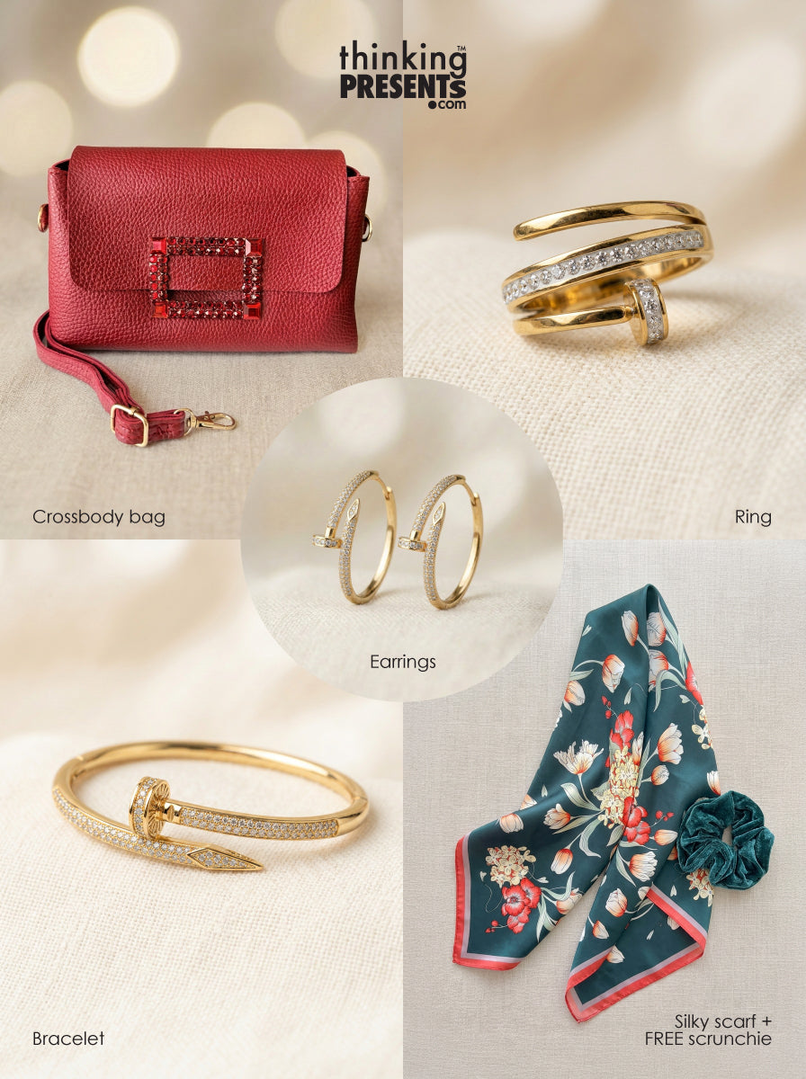 Scarlet Garden curated gift set with red crossbody bag, gold crystal statement ring, hoop earrings, pavé bracelet, floral silky scarf and velvet scrunchie, ready-to-gift accessories set
