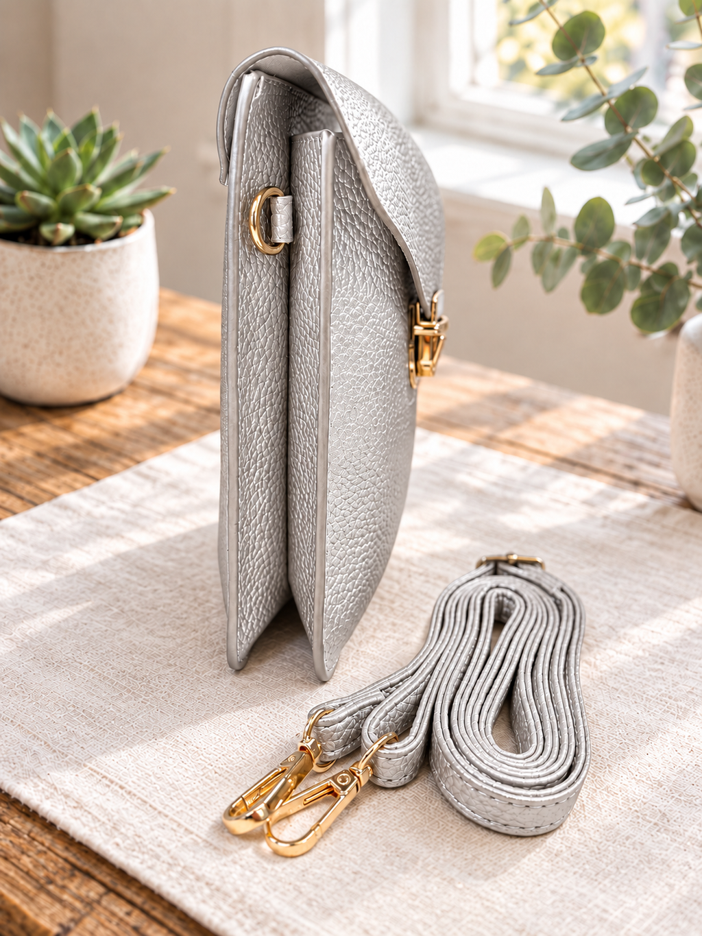 Silver metallic vegan crossbody bag by Thinking Presents with gold-tone push lock and removable adjustable strap