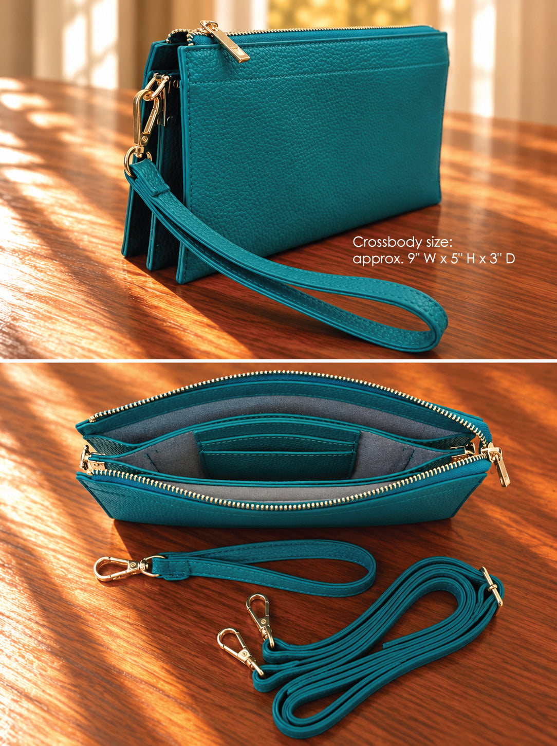 Teal textured leather crossbody clutch shown in two views on a wooden surface: one closed with a wrist strap and gold-tone hardware, and one open to show the interior pouch and strap. Text on the image notes the crossbody size is approximately 9 x 5 x 3 inches.