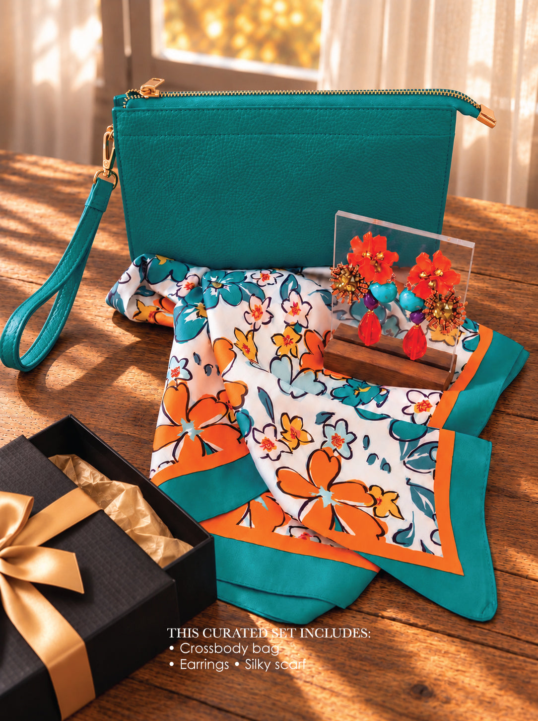 A curated gift set displayed on a wooden surface, featuring a teal crossbody bag, a matching teal wristlet strap, a floral silk scarf with orange and teal borders, a pair of colorful floral stud earrings, and a black gift box with a gold ribbon. Text at the bottom lists the included items.