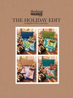 Promotional graphic for 'The Holiday Edit' scarf collection by thinking PRESENTS CO., featuring four colorways displayed in a 2x2 grid on a textured tan background.