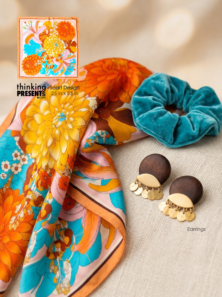 Retro floral silky scarf, teal velvet scrunchie and wood and gold-tone earrings