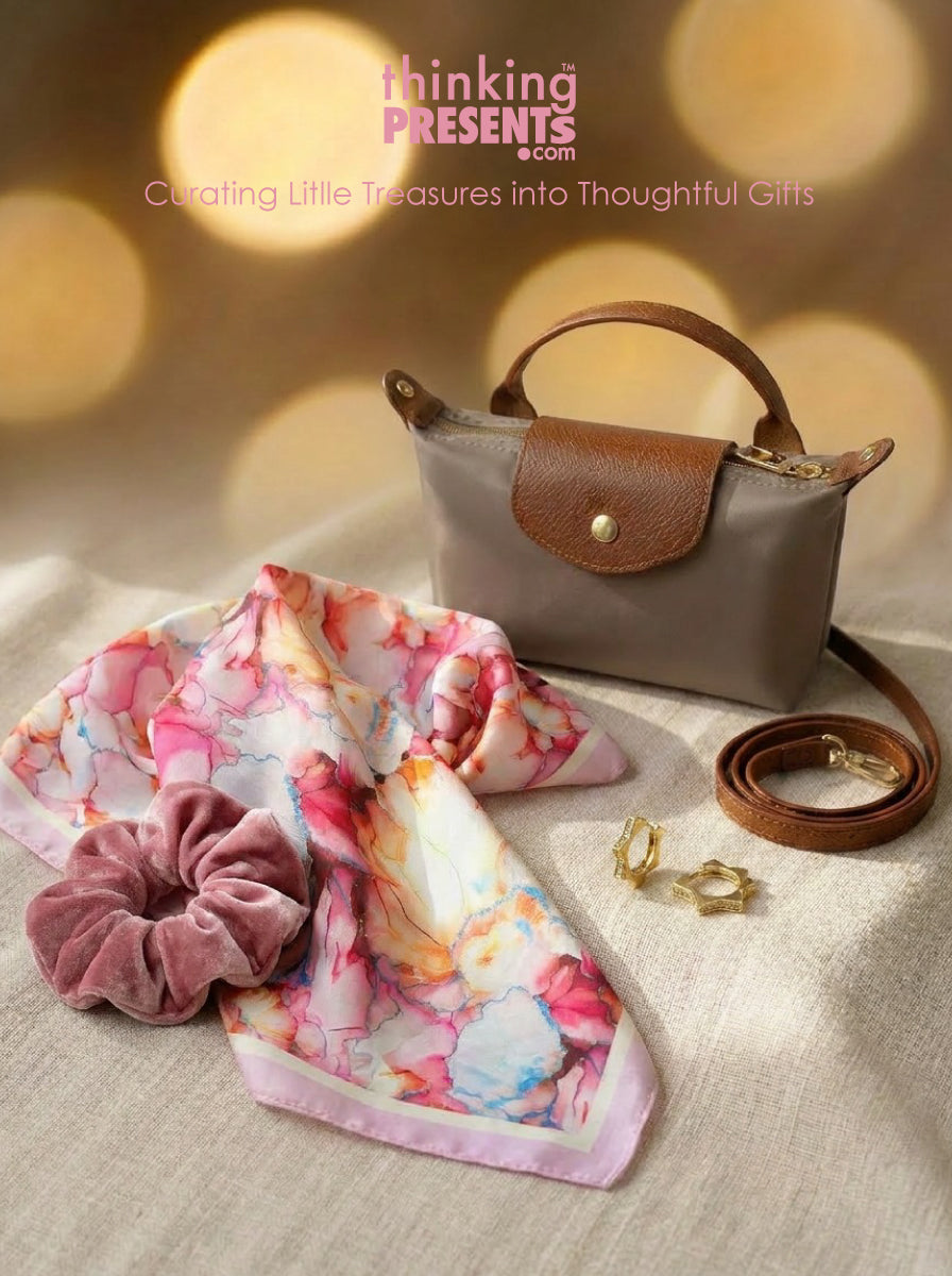 Small handbag, floral scarf, pink scrunchie, and gold earrings on a textured surface with 'thinking present' branding.