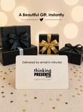 Digital gift card for thinking presents with wrapped gifts in the background