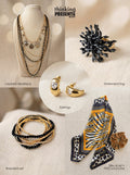 Multi-layered gold-tone necklace with black bead accents, statement ring, crystal-accent earrings, and stackable bracelets set, paired with an animal print silky scarf and velvet-touch scrunchie, part of the Urban Safari Gift Set by Thinking Presents™